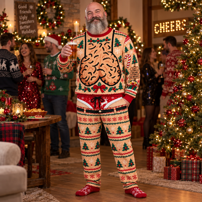 Christmas Novelty Outfit Set, Funny Holiday Sweater and Pants, Festive Gingerbread Winter Wear, Ugly Christmas Party Outfit