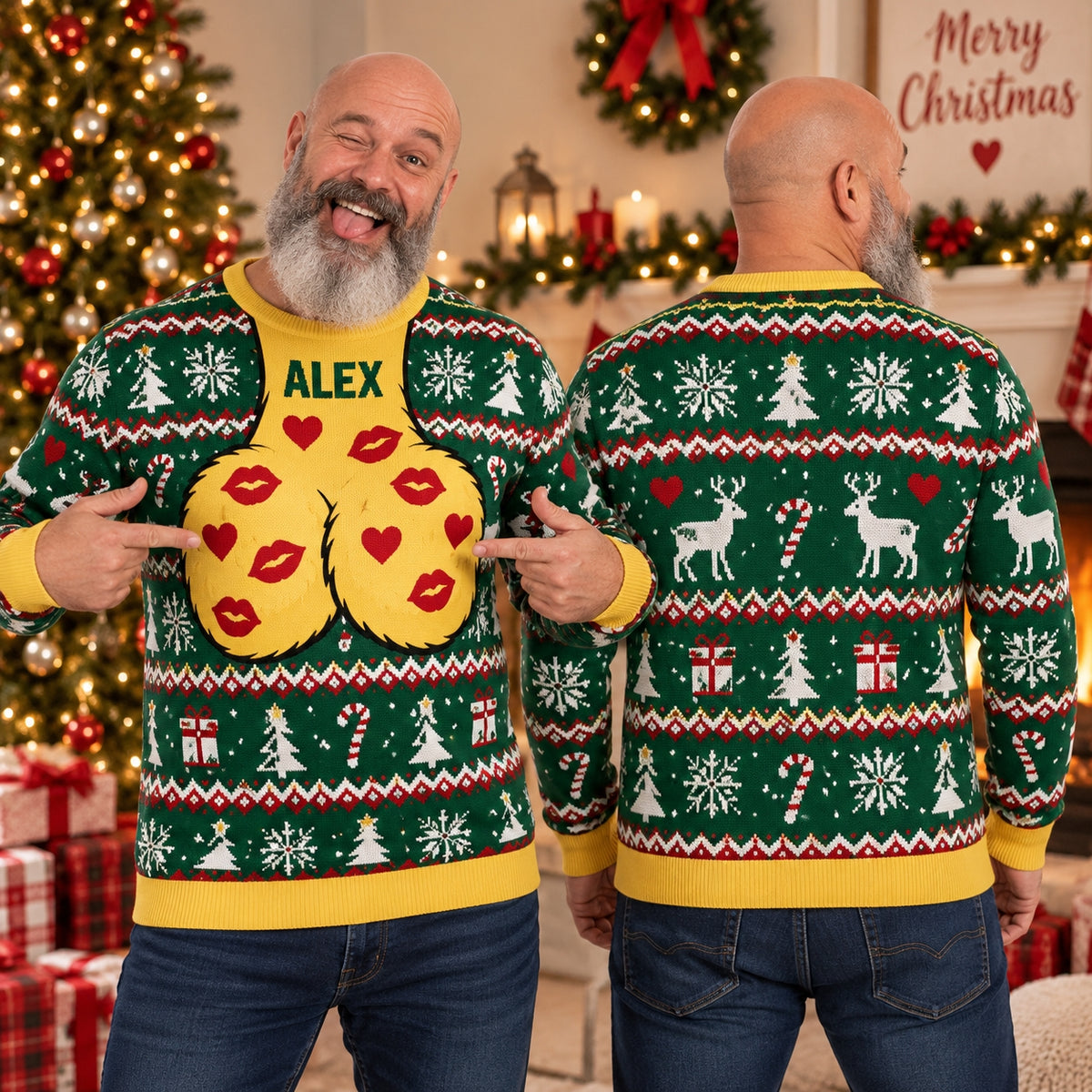 Personalized Funny Christmas Sweater, Custom Name Ugly Holiday Sweater, Festive All-Over Print Xmas Party Pullover, Gift for Him