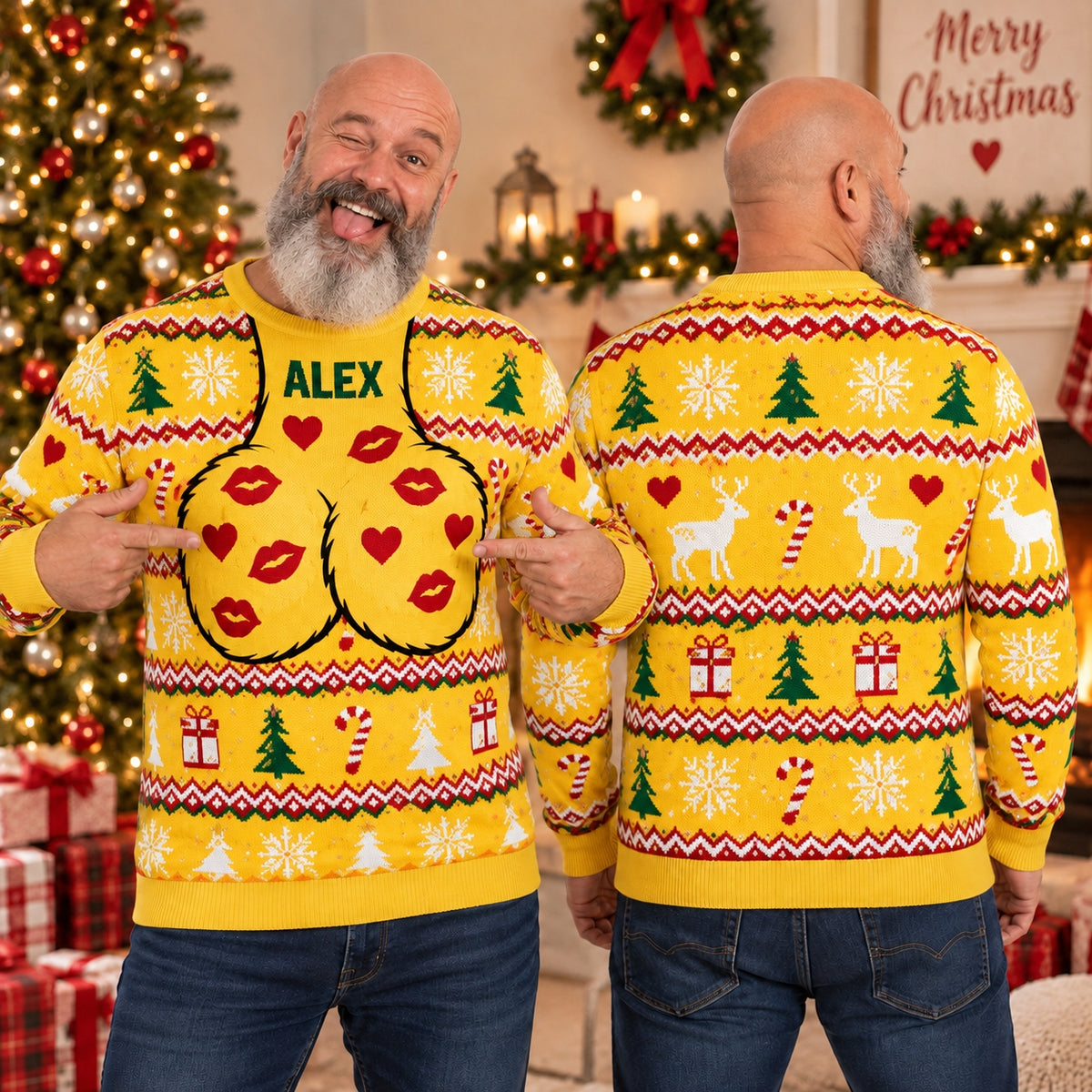 Personalized Funny Christmas Sweater, Custom Name Ugly Holiday Sweater, Festive All-Over Print Xmas Party Pullover, Gift for Him
