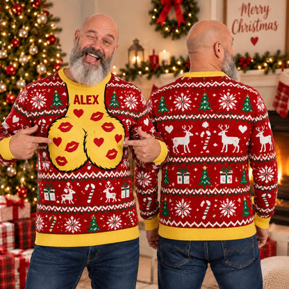 Personalized Funny Christmas Sweater, Custom Name Ugly Holiday Sweater, Festive All-Over Print Xmas Party Pullover, Gift for Him