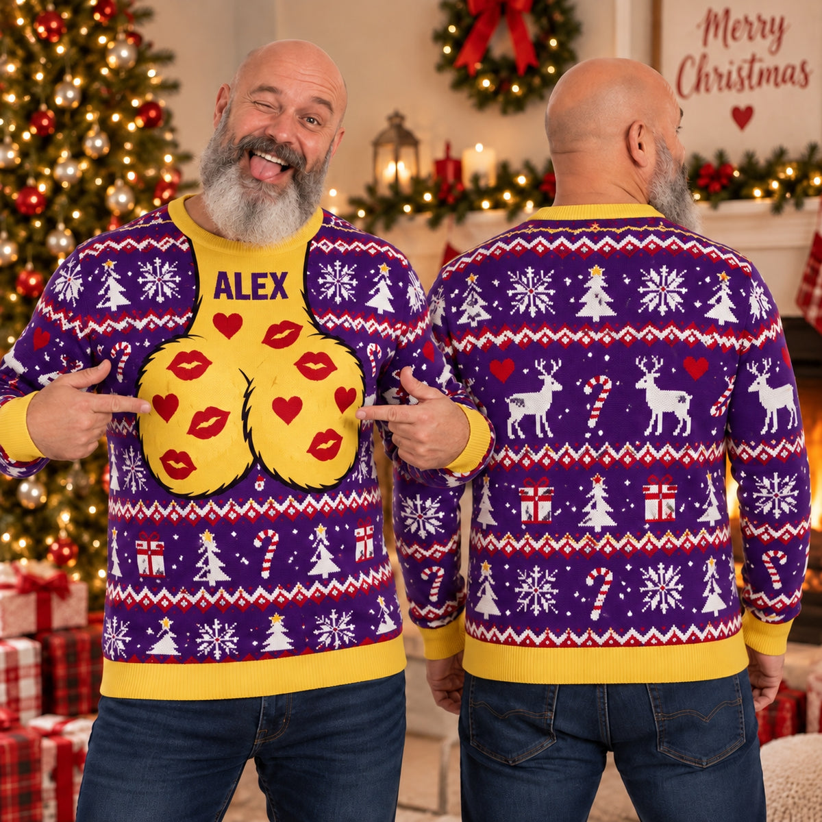 Personalized Funny Christmas Sweater, Custom Name Ugly Holiday Sweater, Festive All-Over Print Xmas Party Pullover, Gift for Him