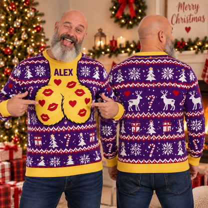 Personalized Funny Christmas Sweater, Custom Name Ugly Holiday Sweater, Festive All-Over Print Xmas Party Pullover, Gift for Him