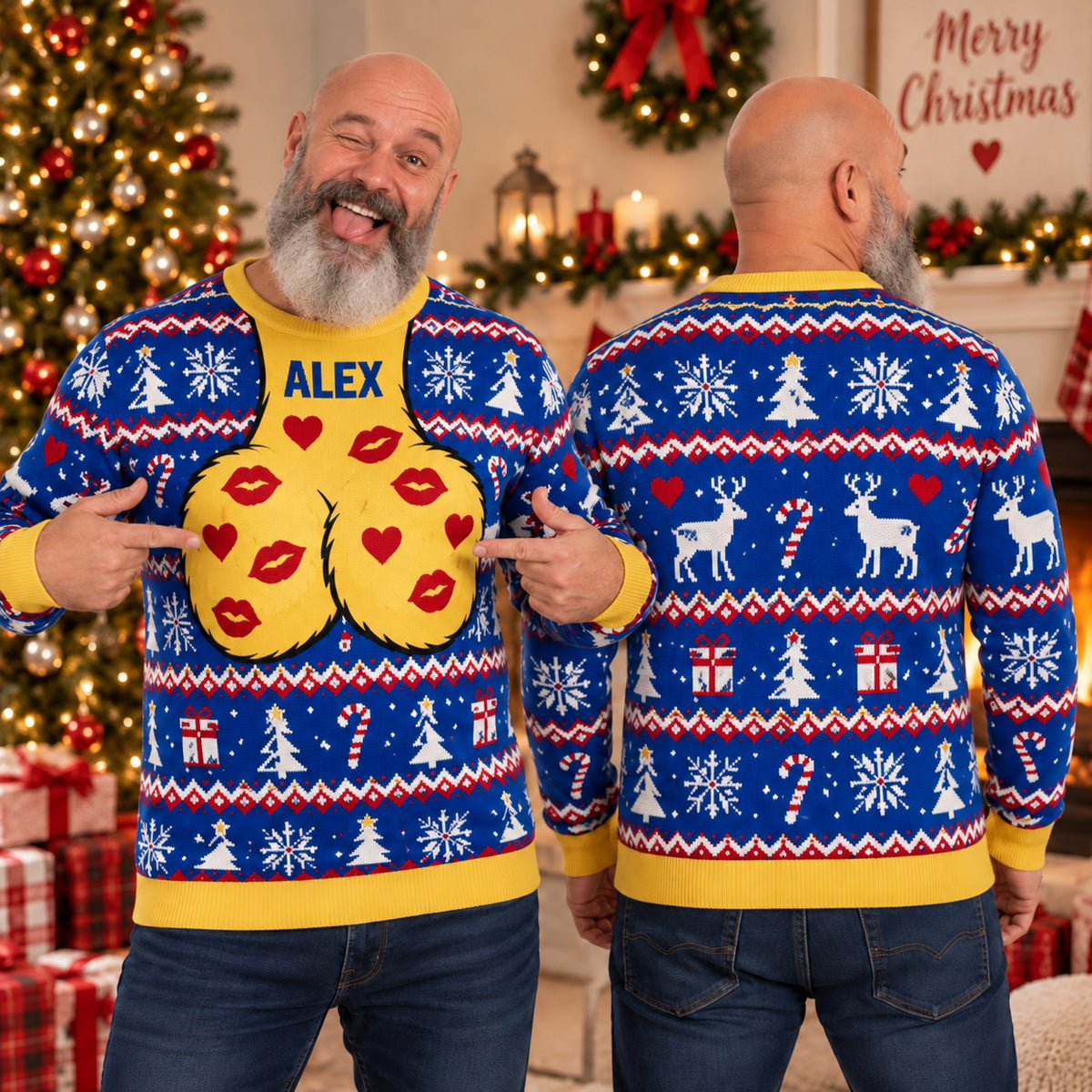 Personalized Funny Christmas Sweater, Custom Name Ugly Holiday Sweater, Festive All-Over Print Xmas Party Pullover, Gift for Him