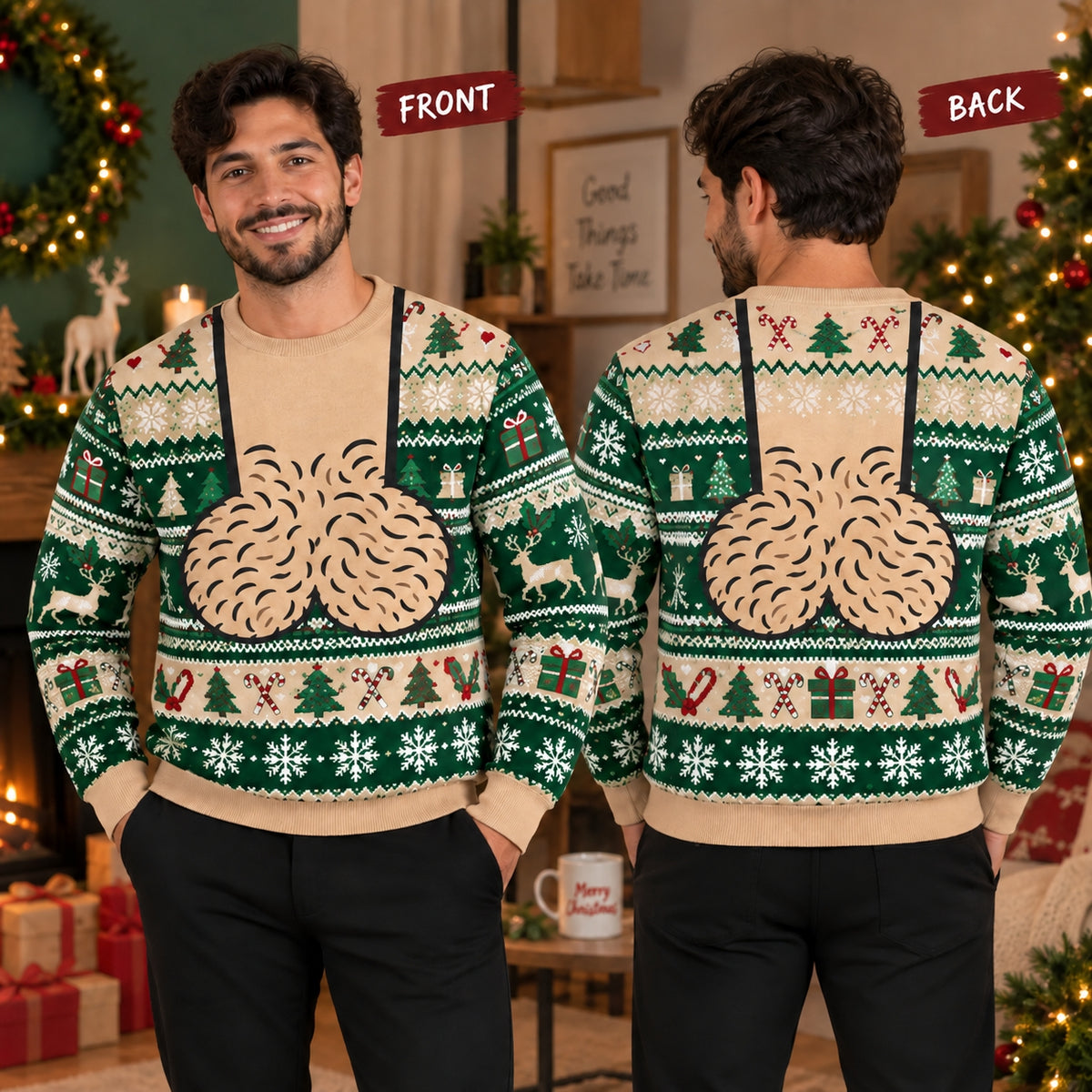 Men’s Funny Christmas Sweater, Novelty Holiday Graphic Pullover, Green Festive All-Over Print Ugly Sweater, Christmas Party Gift
