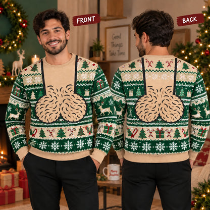 Men’s Funny Christmas Sweater, Novelty Holiday Graphic Pullover, Green Festive All-Over Print Ugly Sweater, Christmas Party Gift