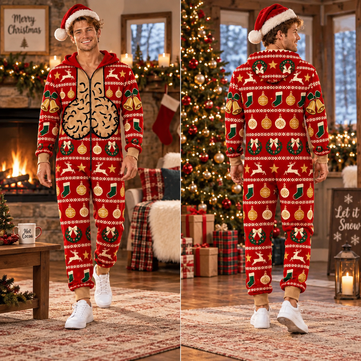 Funny Christmas Jumpsuit for Men – Ugly Christmas Pajamas, Holiday Party Outfit, Matching Xmas Onesie, Funny Christmas Gift