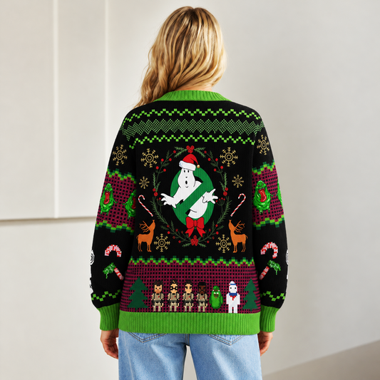 Ghostbusters Christmas Cardigan - Slimer Santa Retro Ugly Christmas Knit Sweater, 80s Movie Gift