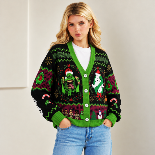 Ghostbusters Christmas Cardigan - Slimer Santa Retro Ugly Christmas Knit Sweater, 80s Movie Gift
