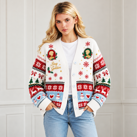 Golden Girls Christmas Cardigan - Have a Golden Christmas Stay Golden Ugly Christmas Knit Sweater