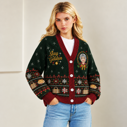 Golden Girls Ugly Christmas Cardigan - May All Your Christmases Bea White Stay Golden Knit Sweater