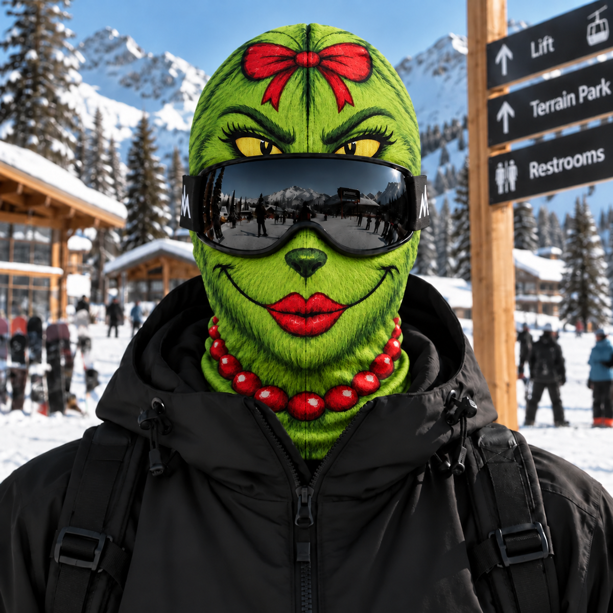 Funny Mr and Mrs Green Monster Ski Mask, Couple Winter Balaclava, Holiday Character Face Cover, Skiing Snowboard Gift