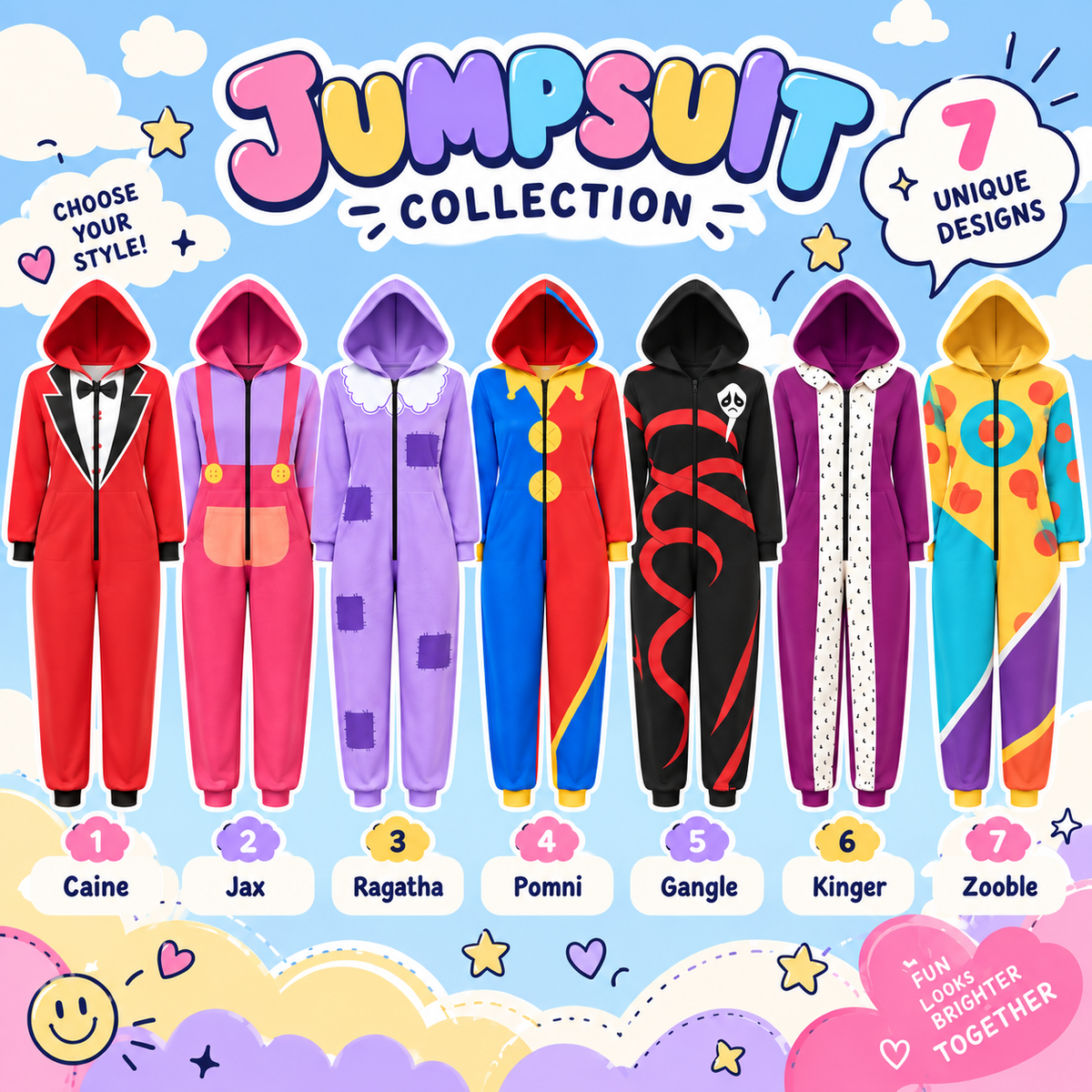 Circus Character Jumpsuit Pajamas, Colorful Cosplay Onesie, Matching Group Halloween Costume, Party Outfit