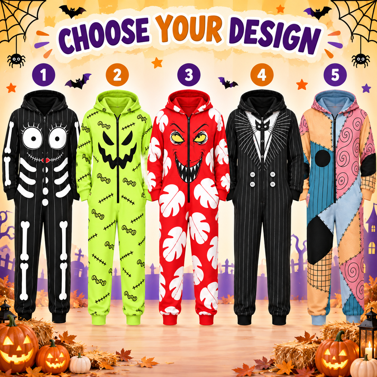 Spooky Halloween Character Jumpsuit Pajamas, Skeleton Monster Onesie, Matching Group Costume, Halloween Party Outfit