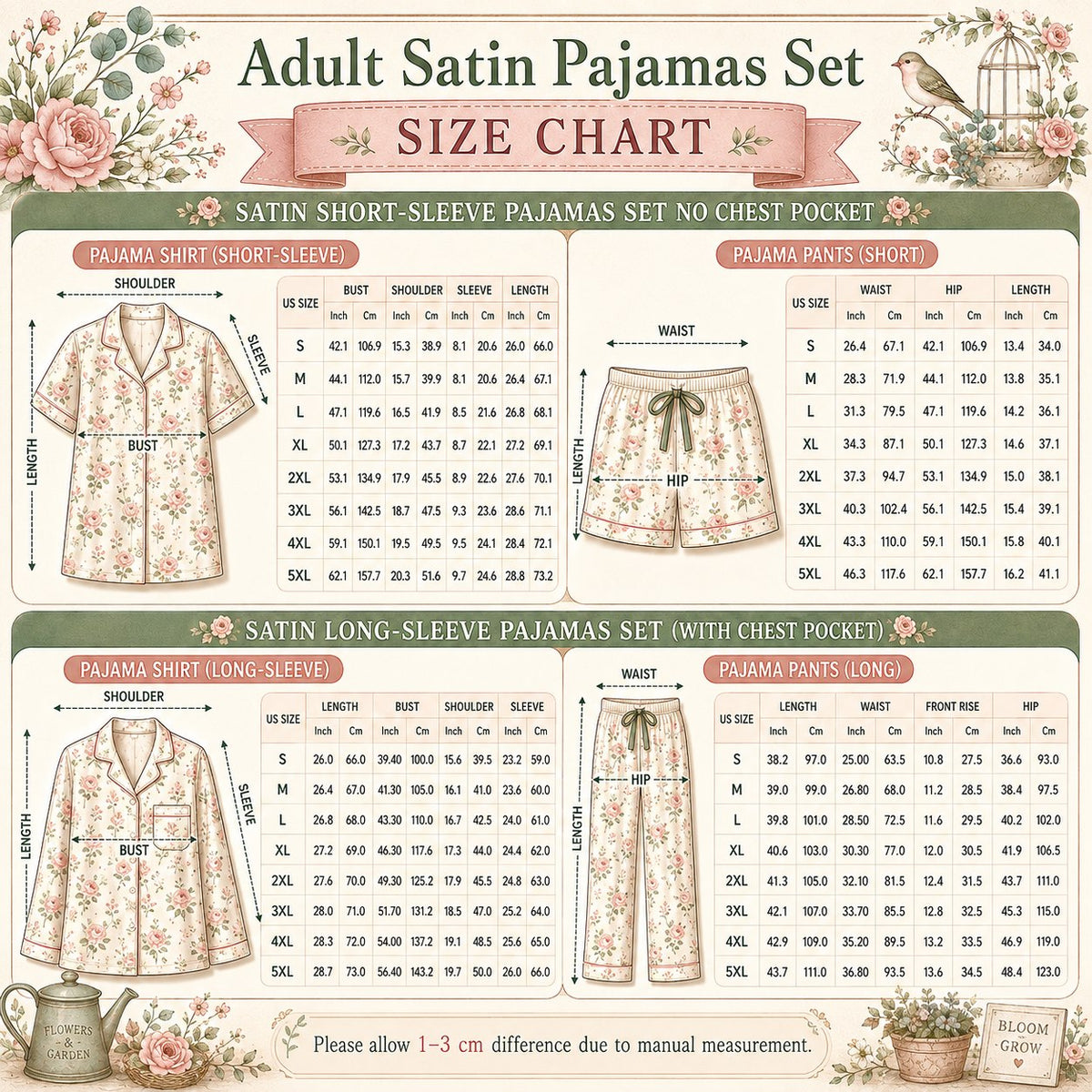 Adult satin pajama set size chart