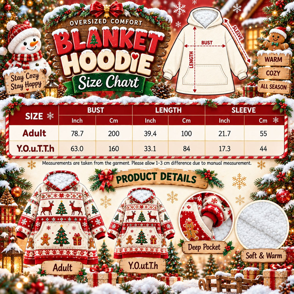 Blanket hoodie size chart