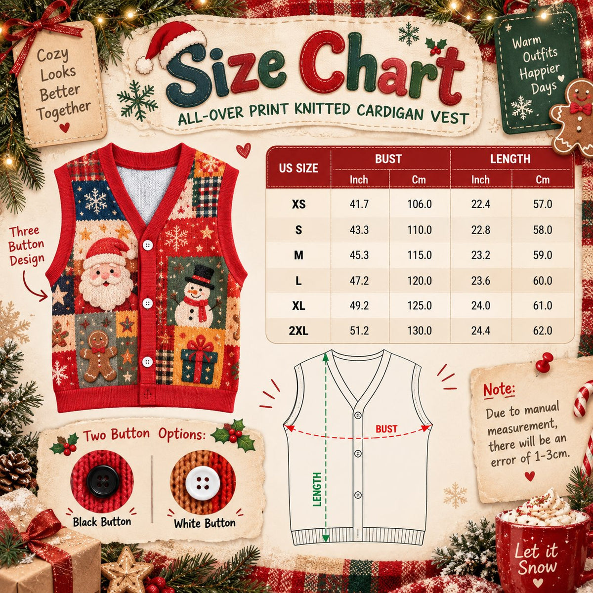 Cardigan vest with button size chart XS to 2XL