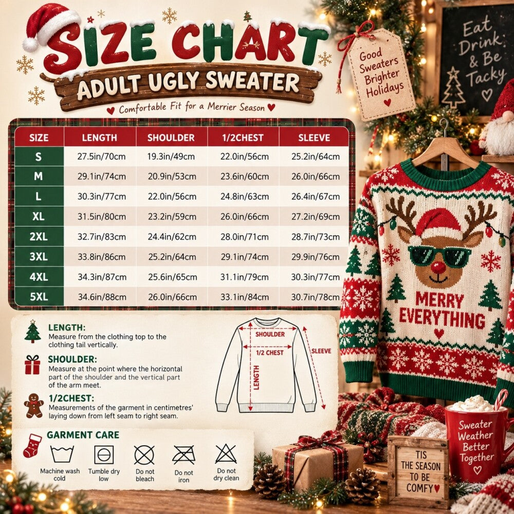 Funny Adult Christmas Sweater, Novelty Graphic All-Over Print Ugly Holiday Sweater, Red Black Festive Party Pullover
