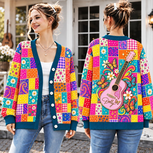 Country Music Cardigan for Women - Pink Guitar & Butterfly Patchwork Knit Sweater