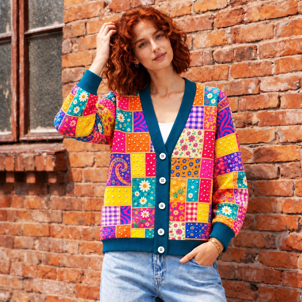 Country Music Cardigan for Women - Pink Guitar & Butterfly Patchwork Knit Sweater