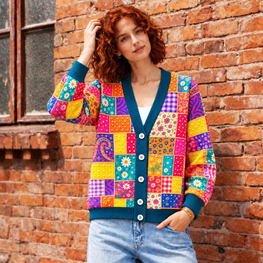 Country Music Cardigan for Women - Pink Guitar & Butterfly Patchwork Knit Sweater
