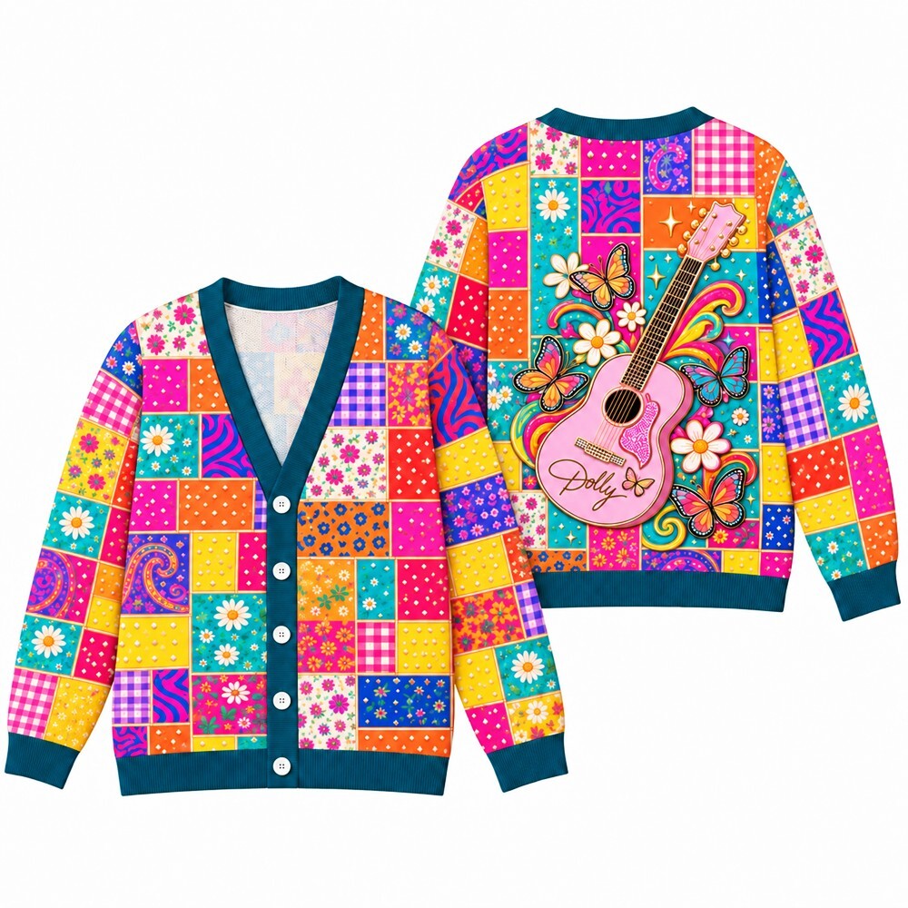 Country Music Cardigan for Women - Pink Guitar & Butterfly Patchwork Knit Sweater