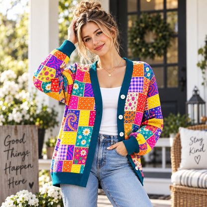 Country Music Cardigan for Women - Pink Guitar & Butterfly Patchwork Knit Sweater