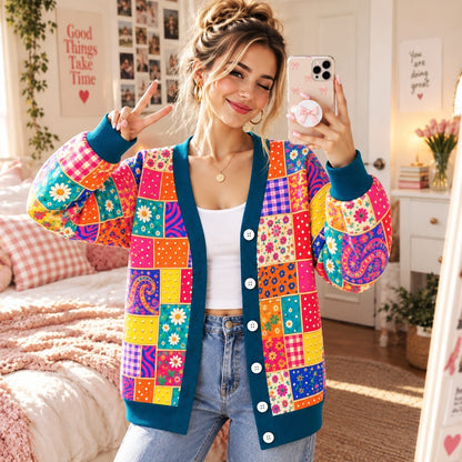 Country Music Cardigan for Women - Pink Guitar & Butterfly Patchwork Knit Sweater