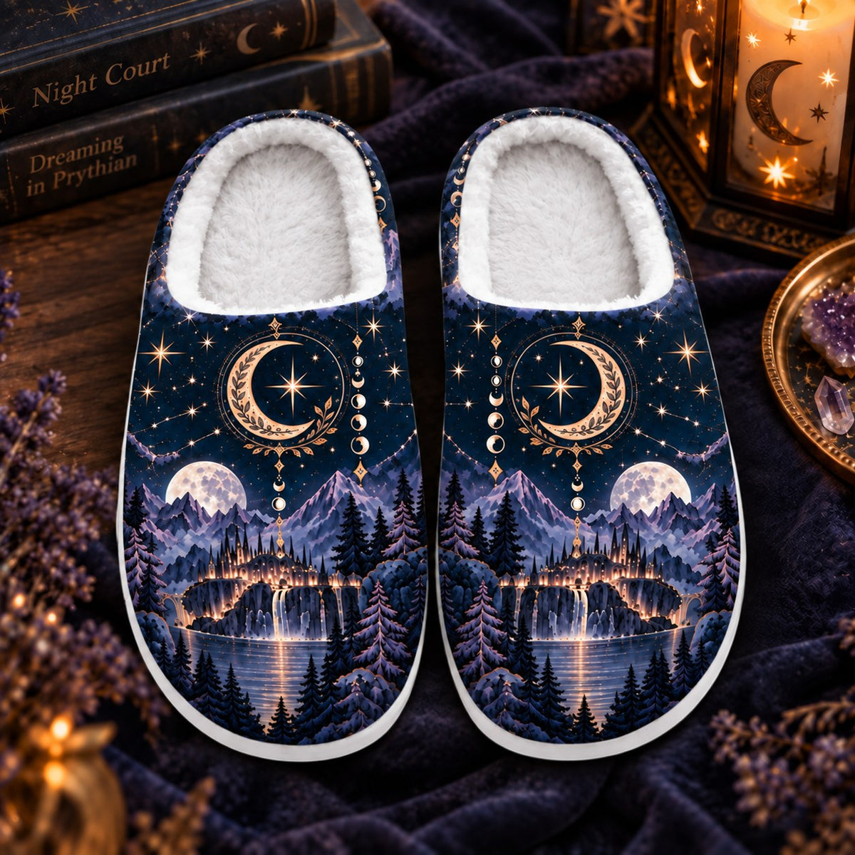 ACOTAR Night Court Velaris moon phases slippers - flat lay