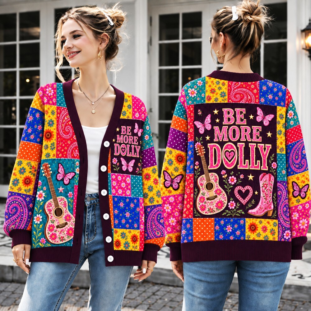 Country Western Cardigan for Women, Colorful Floral Patchwork & Guitar Butterfly Cardigan