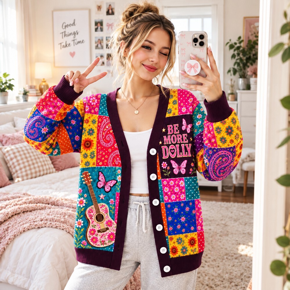 Country Western Cardigan for Women, Colorful Floral Patchwork & Guitar Butterfly Cardigan
