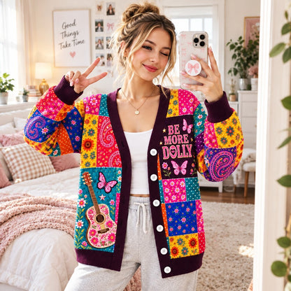 Country Western Cardigan for Women, Colorful Floral Patchwork & Guitar Butterfly Cardigan