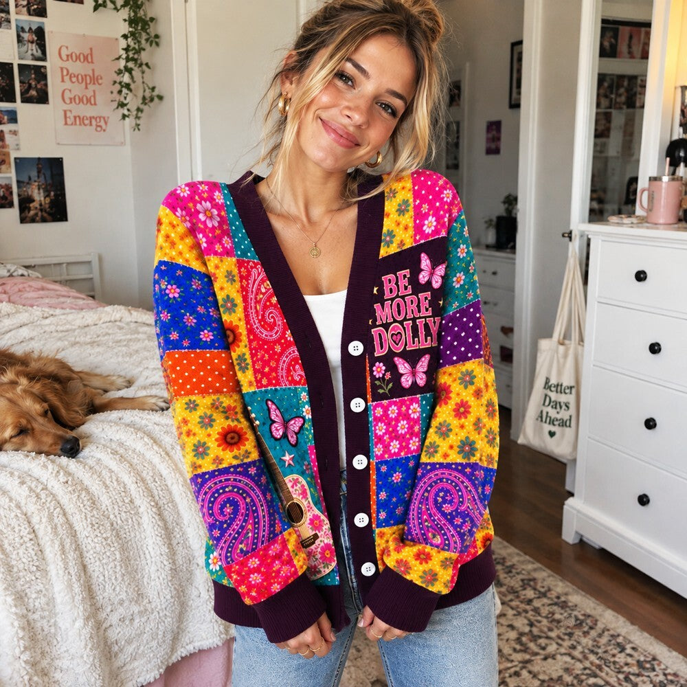 Country Western Cardigan for Women, Colorful Floral Patchwork & Guitar Butterfly Cardigan