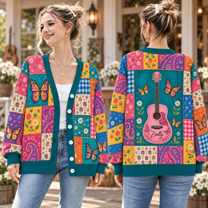 Country Western Cardigan - Patchwork Guitar & Butterfly Knit Sweater for Women