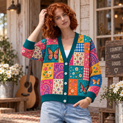 Country Western Cardigan - Patchwork Guitar & Butterfly Knit Sweater for Women