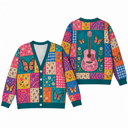 Country Western Cardigan - Patchwork Guitar & Butterfly Knit Sweater for Women