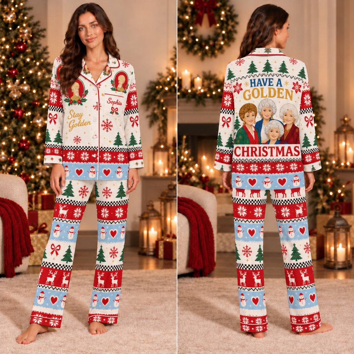 Personalized golden Christmas pajamas - worn view 1