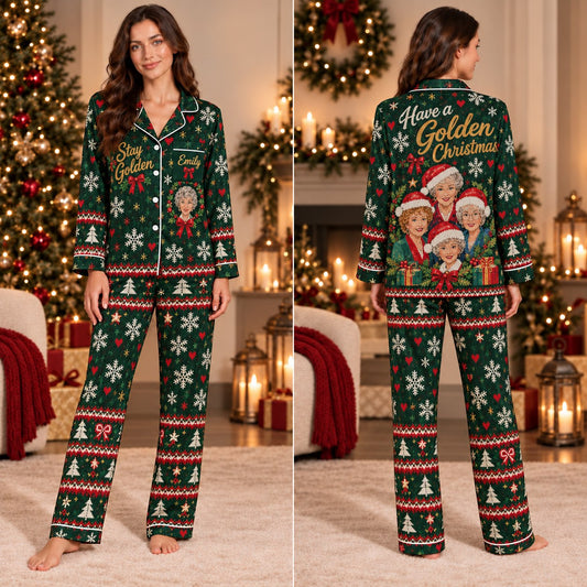 Personalized green golden Christmas pajamas - worn view 2