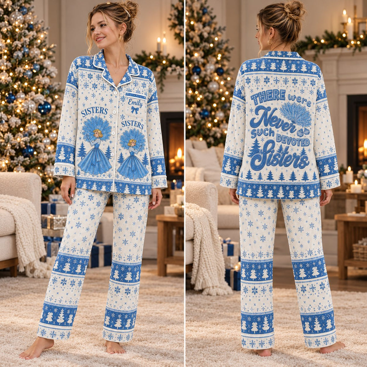 Personalized sisters Christmas pajamas blue - worn view 2