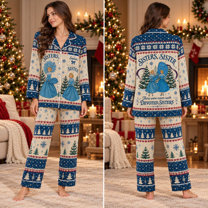 Personalized devoted sisters Christmas pajamas navy - worn view 1