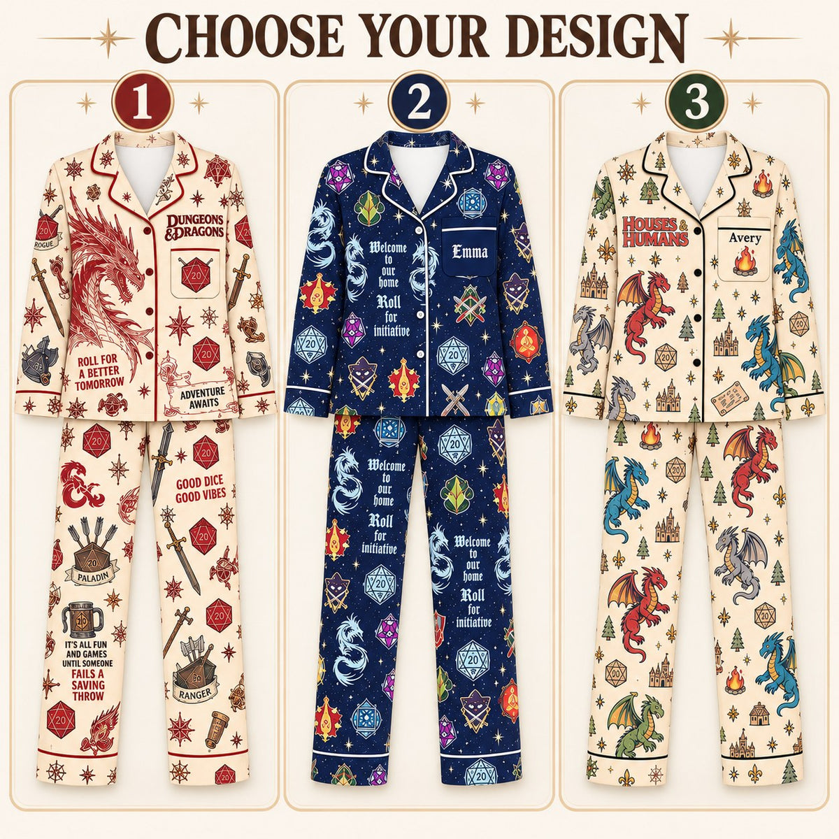 Choose your design – 3 Dungeons and Dragons satin pajama prints