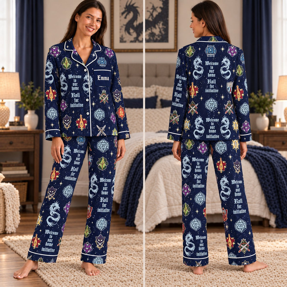 Dungeons and Dragons satin pajamas Design 2 – front and back view