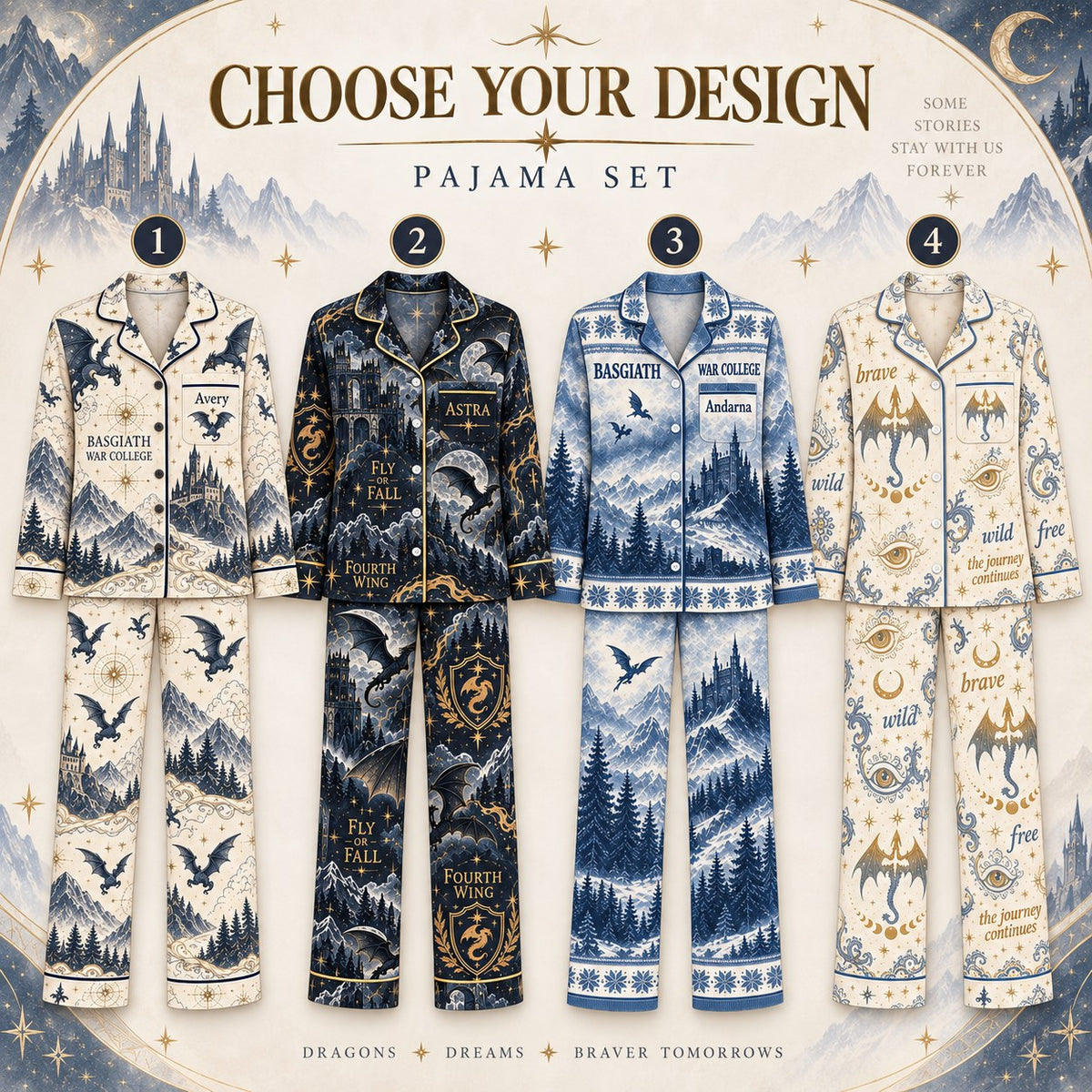 Choose your design – 4 Fourth Wing satin pajama prints