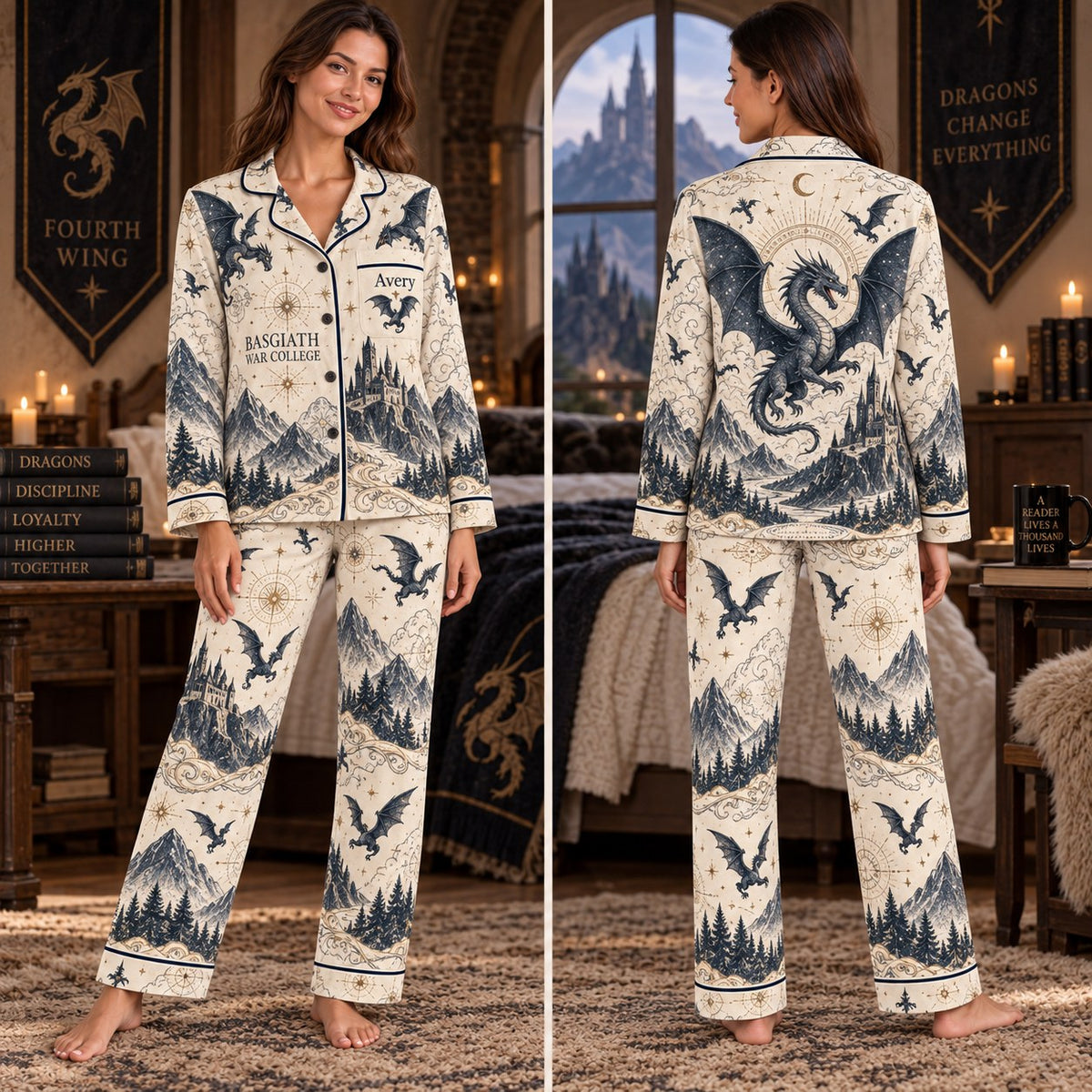 Fourth Wing satin pajamas Design 1 – front and back view