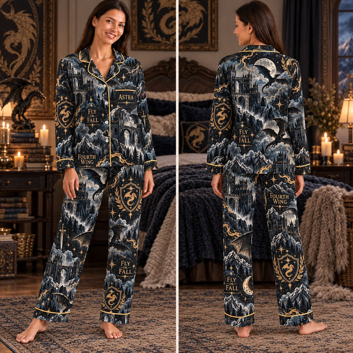Fourth Wing satin pajamas Design 2 – front and back view