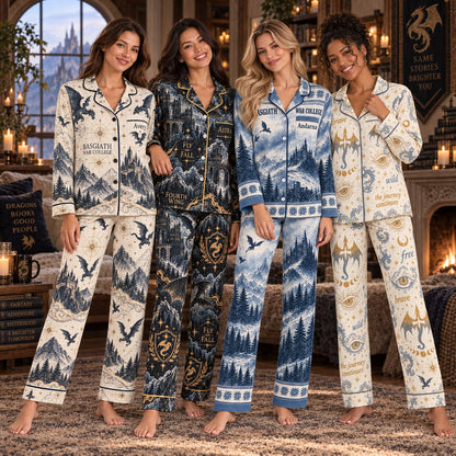 Fourth Wing bookish pajamas – group of friends in personalized satin PJs