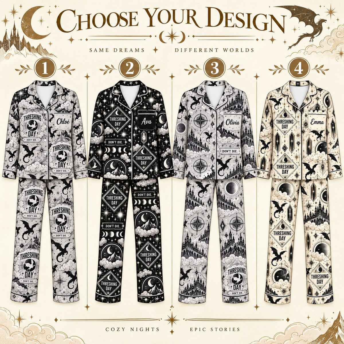Choose your design – 4 Fourth Wing satin pajama prints