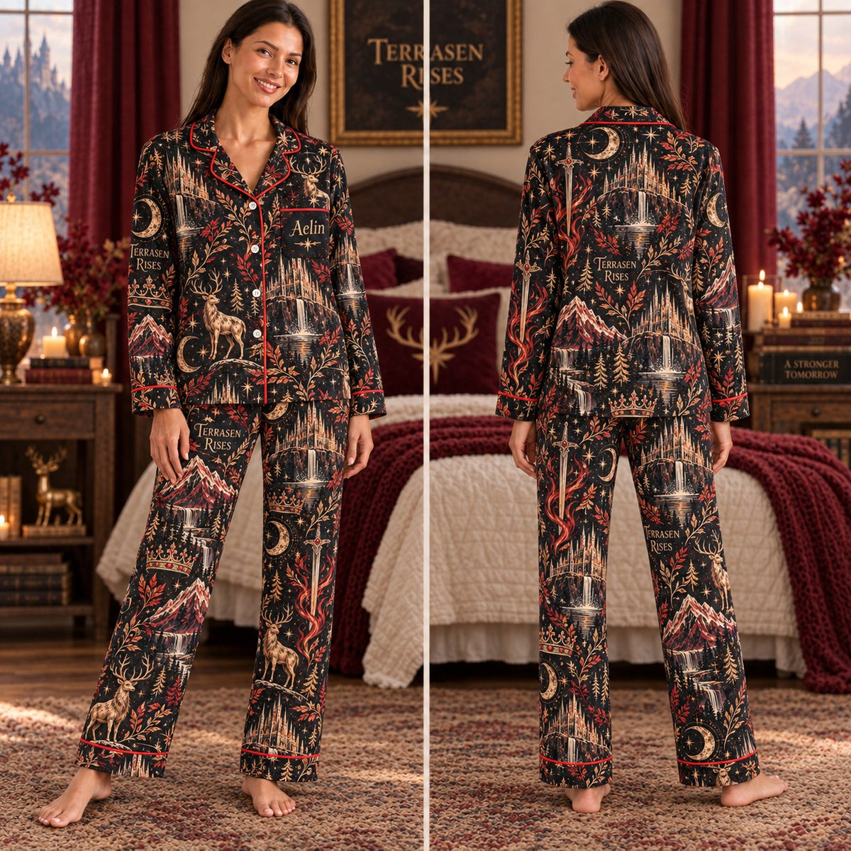 Throne of Glass satin pajamas Design 1 – front and back view
