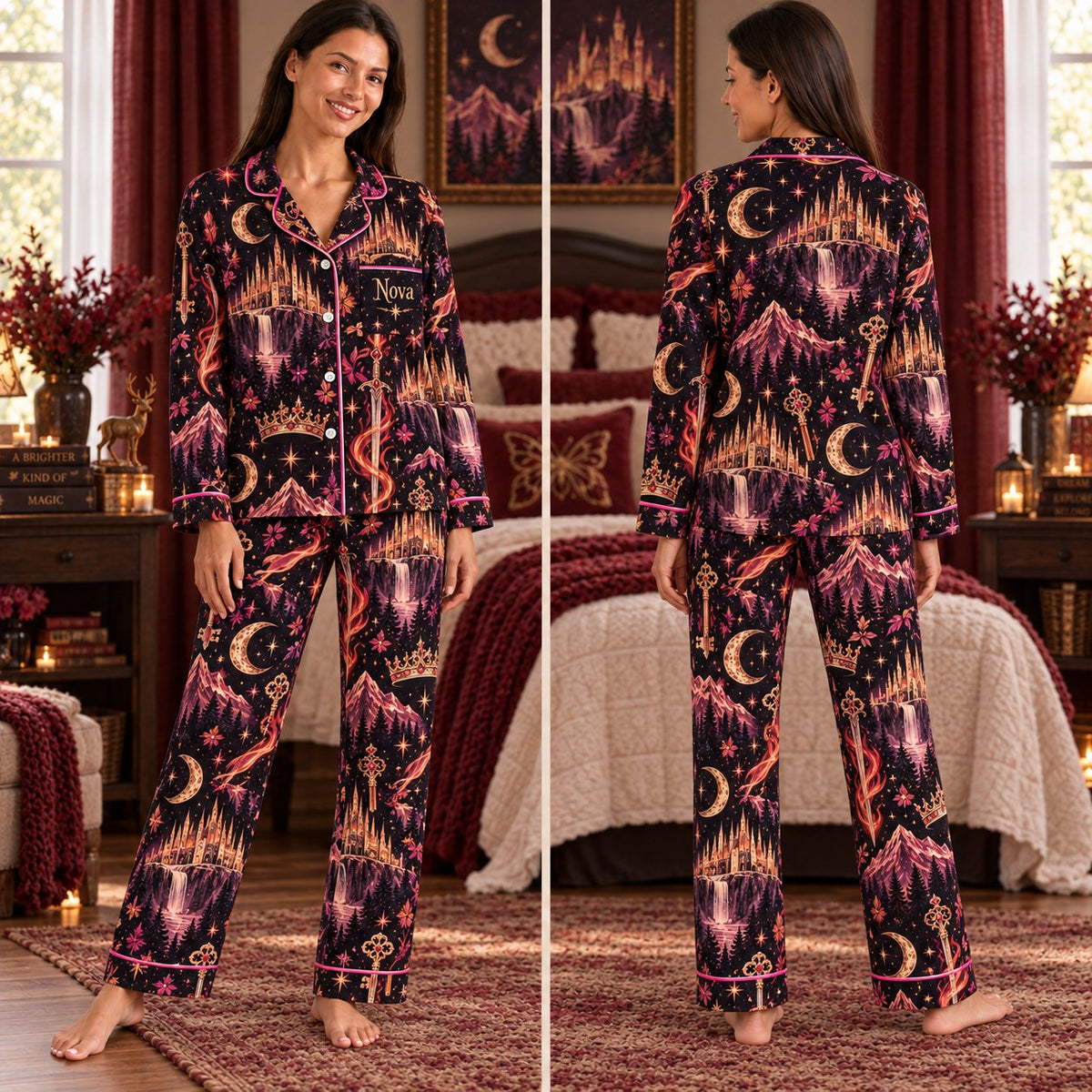 Throne of Glass satin pajamas Design 4 – front and back view