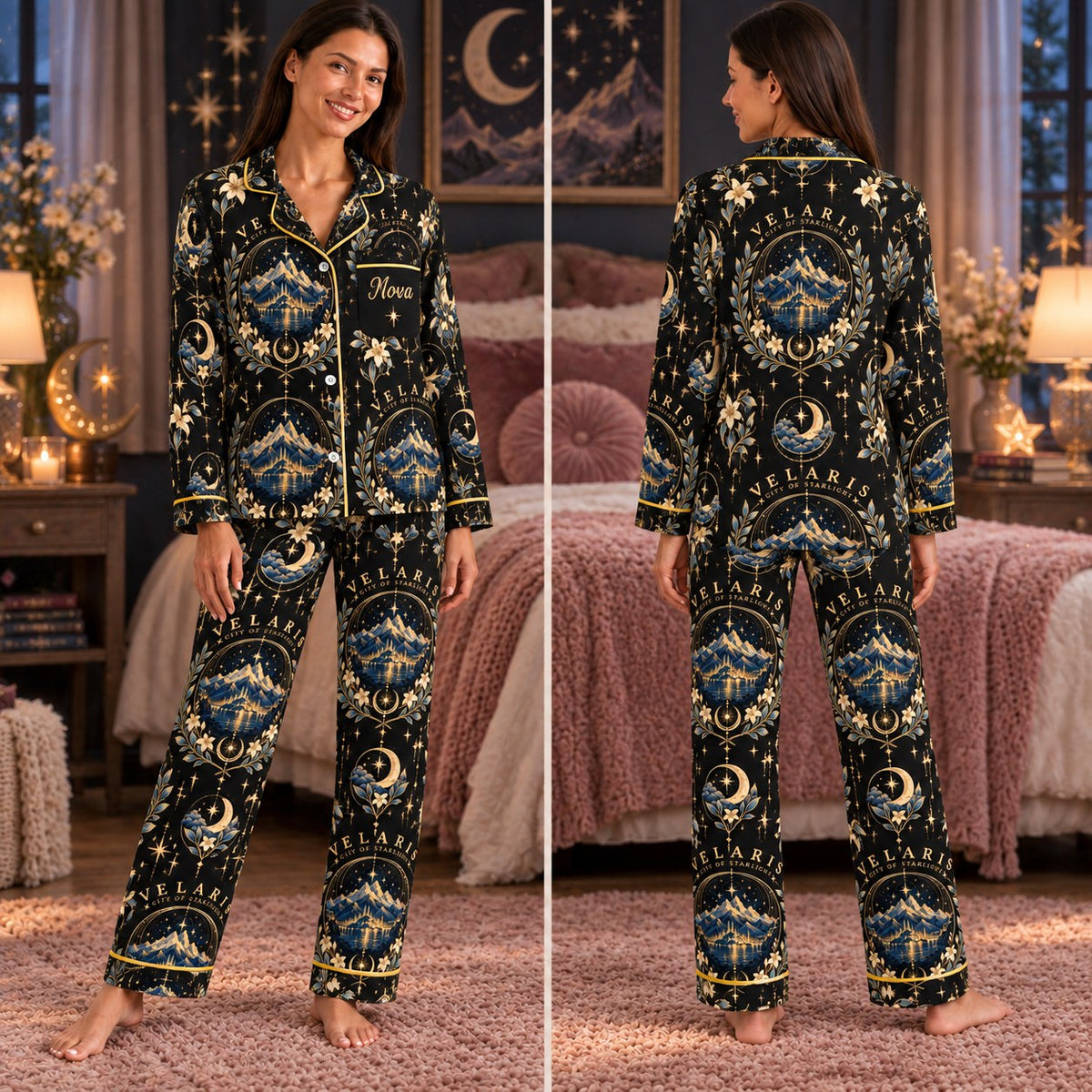 ACOTAR satin pajamas Design 3 – front and back view