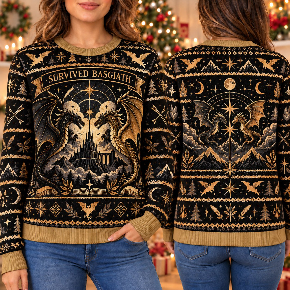 Survived Basgiath sweater design flat lay